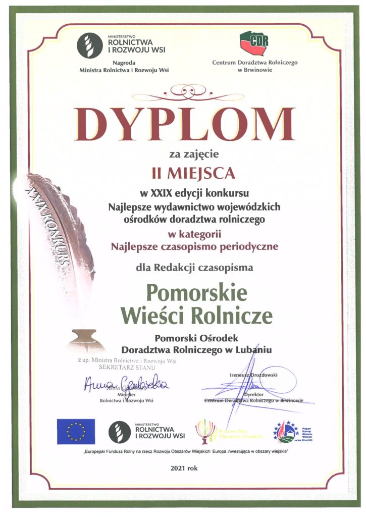 Pamiątkowy dyplom za zajęcie II miejsca w konkursie „Najlepsze wydawnictwo wojewódzkich ośrodków doradztwa rolniczego”