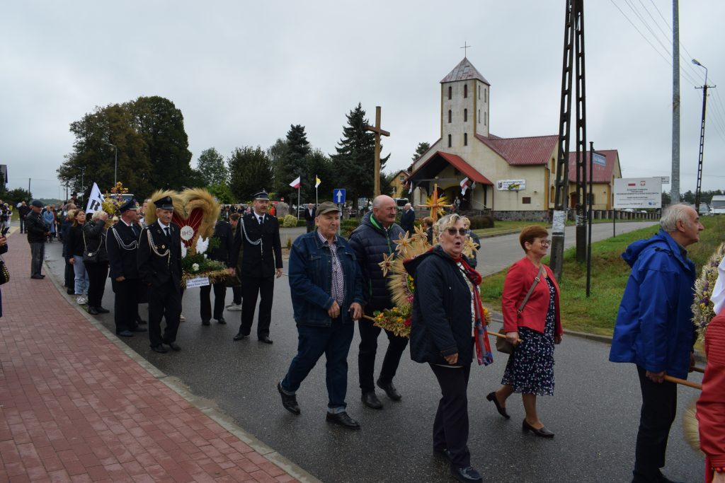 Na zdjęciu widoczny jest barwny korowód dożynkowy, w którym mieszkańcy niosą ozdobne wieńce dożynkowe. Korowód przesuwa się ulicami Lubania, prowadząc wieńce od kościoła w stronę placu targowego, gdzie odbędzie się dalsza część uroczystości. Wieńce wykonane z kłosów zbóż, kwiatów i owoców symbolizują dziękczynienie za tegoroczne plony.