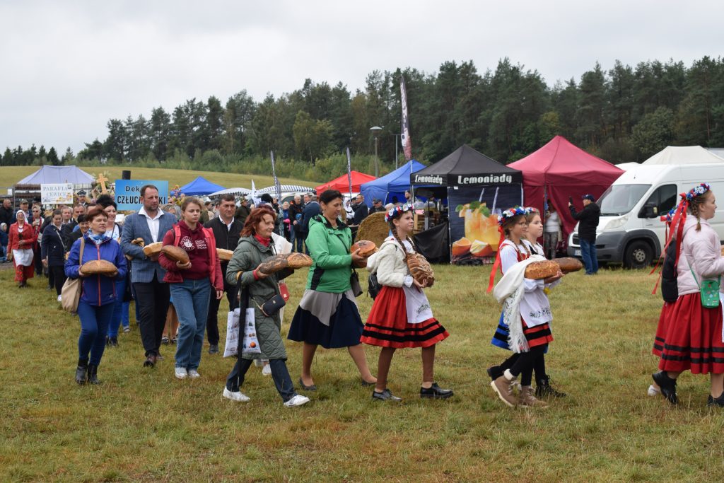 Na zdjęciu widać barwny korowód dożynkowy zmierzający w stronę placu targowego. Na czele idą dzieci niosące tradycyjne chleby dożynkowe, symbolizujące dziękczynienie za plony i urodzaj. Tło stanowią stoiska targowe, a wzdłuż trasy korowodu widoczni są mieszkańcy podziwiający uczestników.