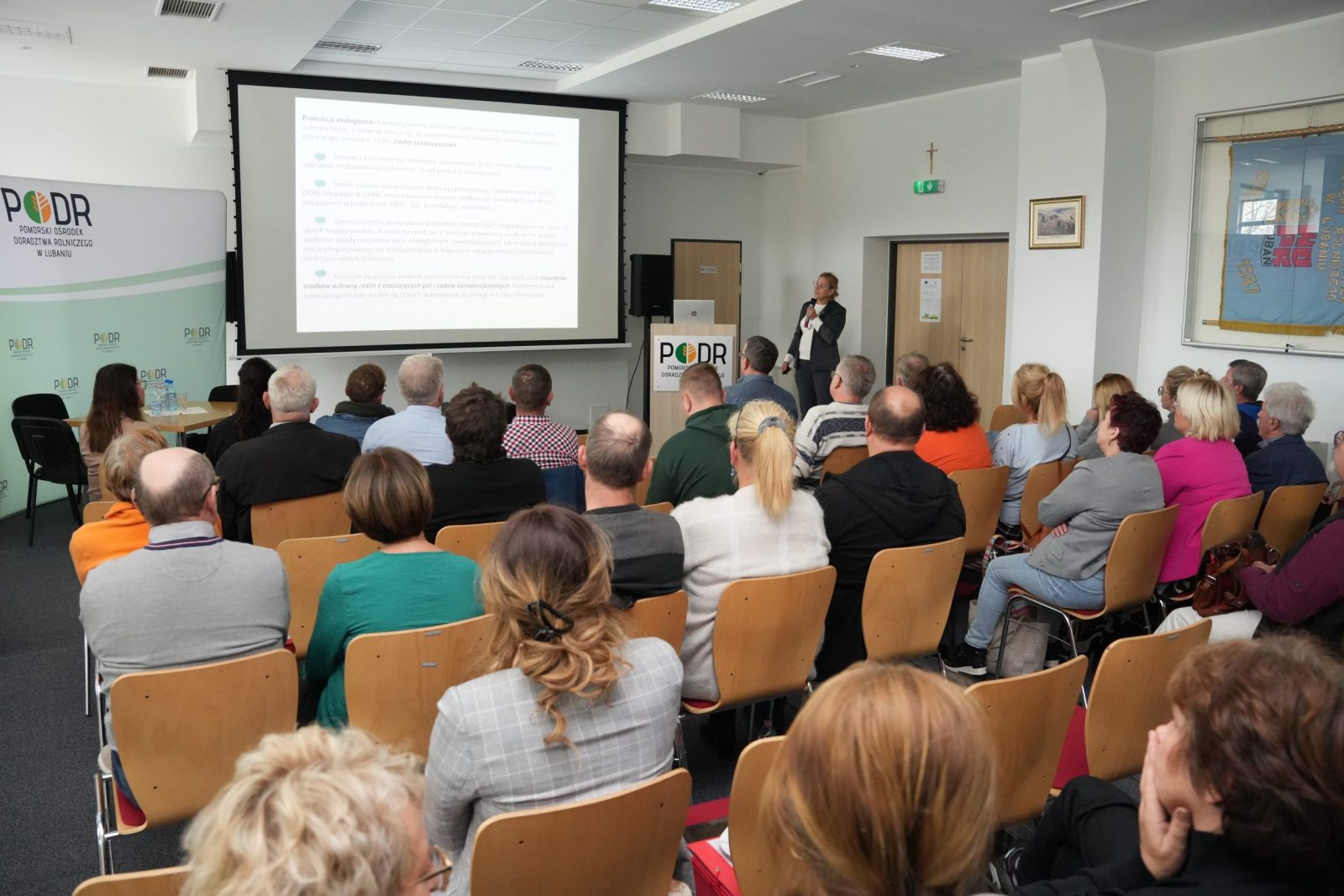 uczestnicy szkolenai, w tle prezentuje prof. dr hab. Jolanta Kowalska