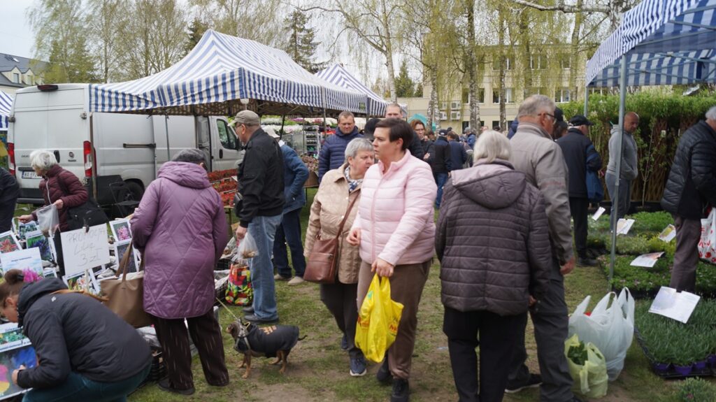 Odwiedzający spacerują między stoiskami z roślinami; w tle namiot handlowy.