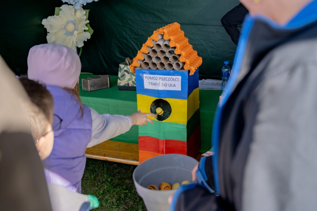 Dziecko przy edukacyjnej makiecie ula podczas gry