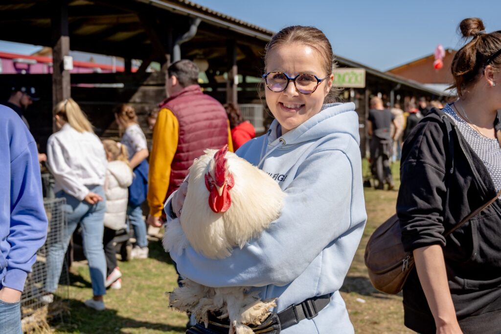 Wystawca z kurą podczas wystawy drobnego inwentarza